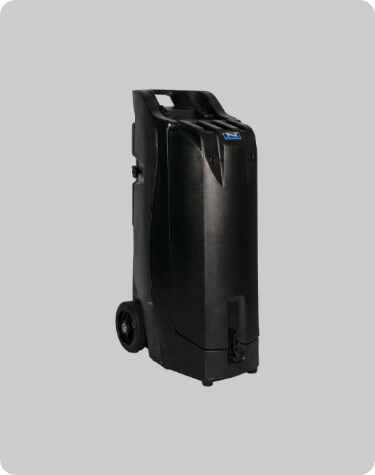 Anchor Audio Bigfoot 3 portable PA system in collapsed travel configuration, shown from the rear with the satellite speaker folded down and the telescoping handle extended for transport Anchor Audio Bigfoot 3 portable PA system in collapsed travel configuration, shown from the rear with the satellite speaker folded down and the telescoping handle extended for transport
